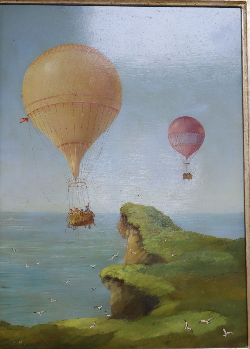 L.M., two oils on card, Ballooning scenes, initialled, 24 x 34cm and 34 x 24cm